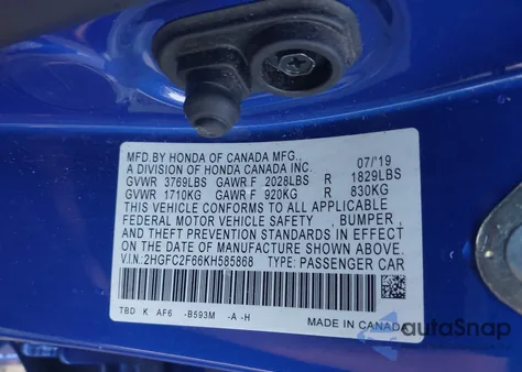 2019 Honda Civic Lx z USA, uszkodzony, nr VIN 2HGFC2F66KH585868